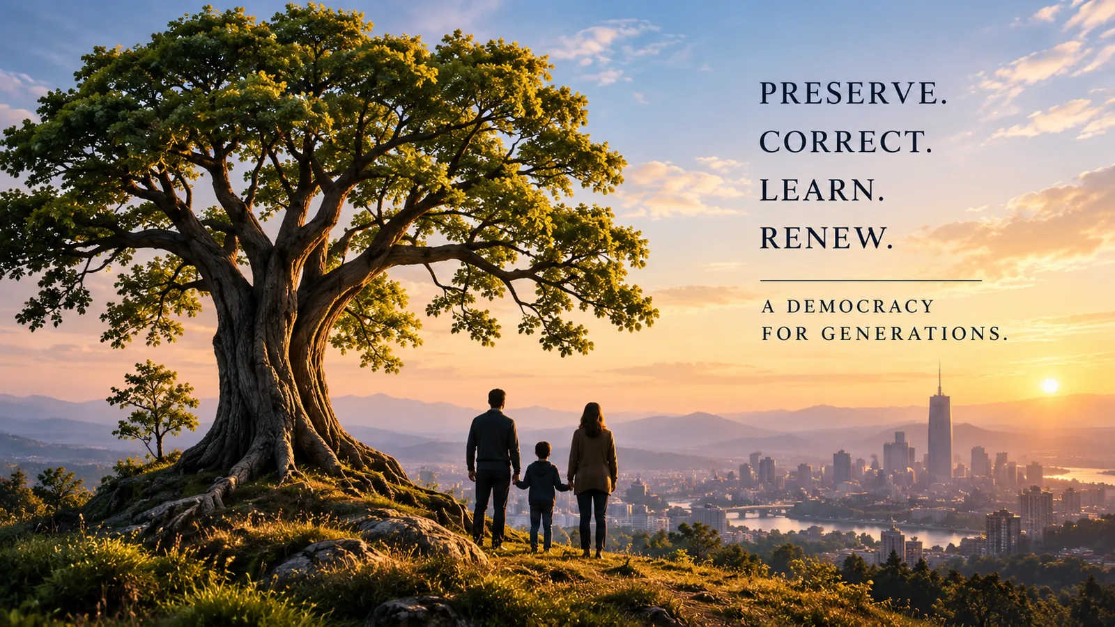 A great tree over a family at sunset: Preserve. Correct. Learn. Renew.